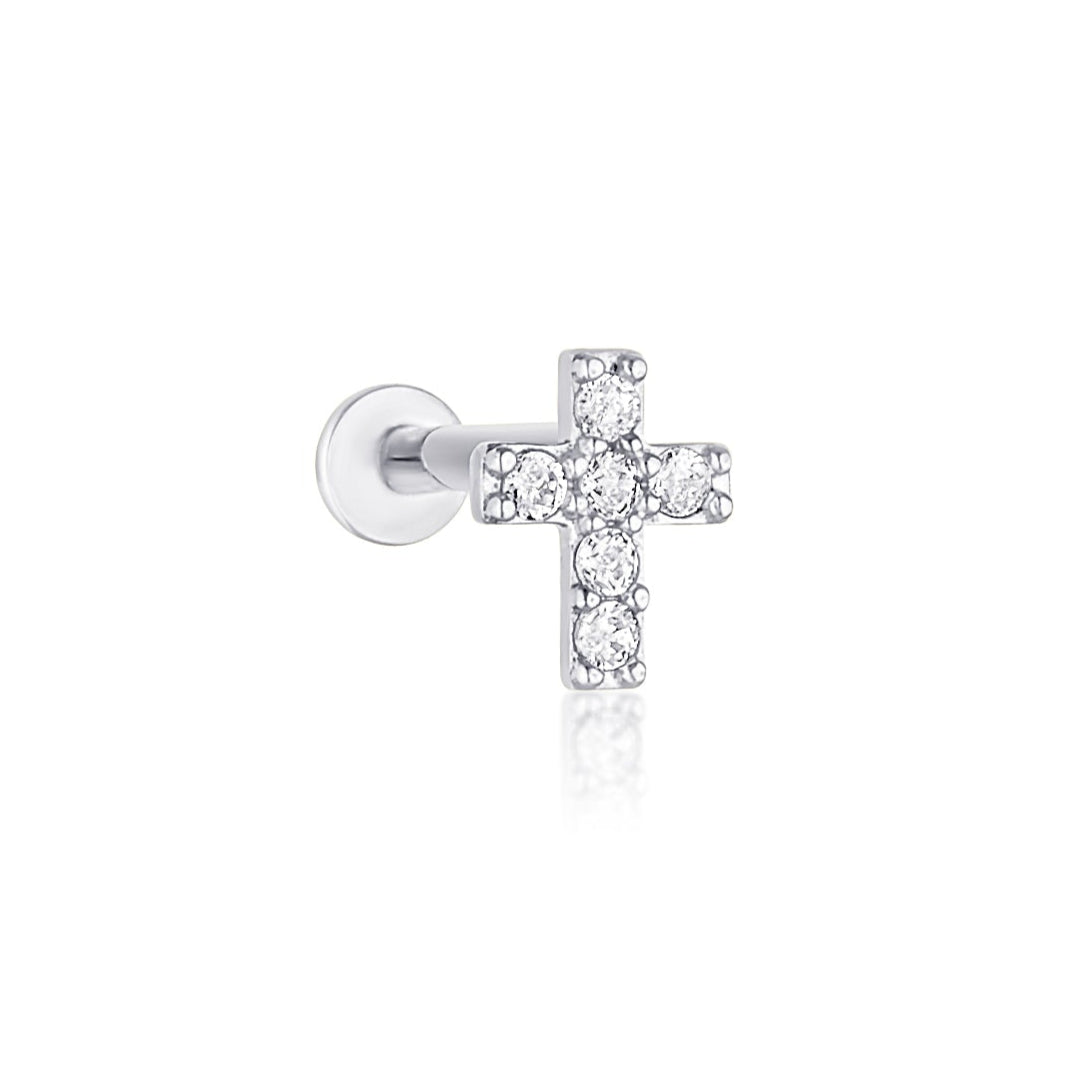 white gold cross flat back cartilage stud