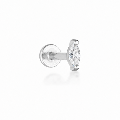 A single silver stud earring featuring a marquise-cut clear gemstone in a prong setting, shown on a clean white background with a soft reflection.